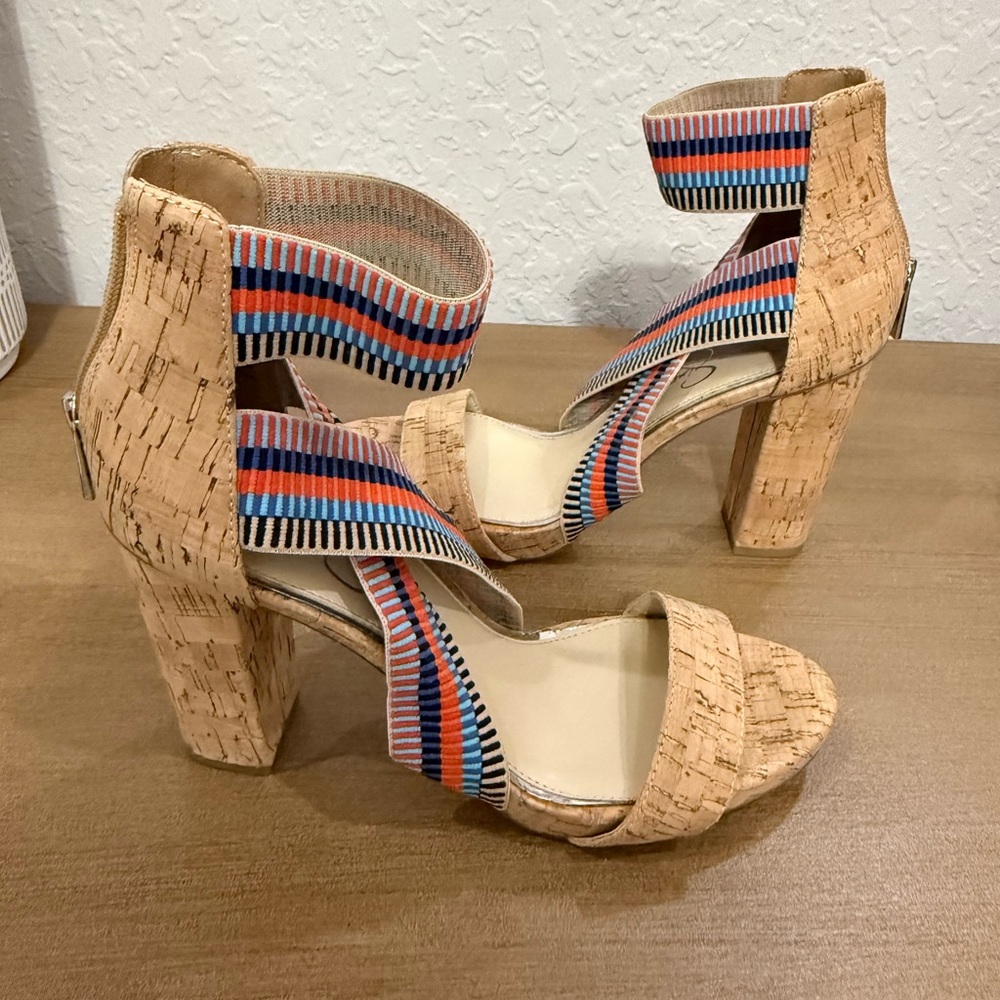 Jessica Simpson Tan Cork Heels with Multicolor Straps